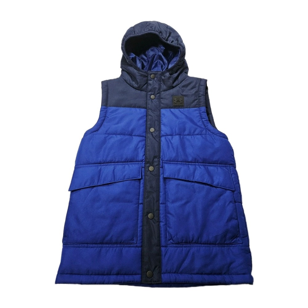 NWT Under Armour Puffer Vest Blue Boys Size YMD Hooded Winter Cozy Zip‎